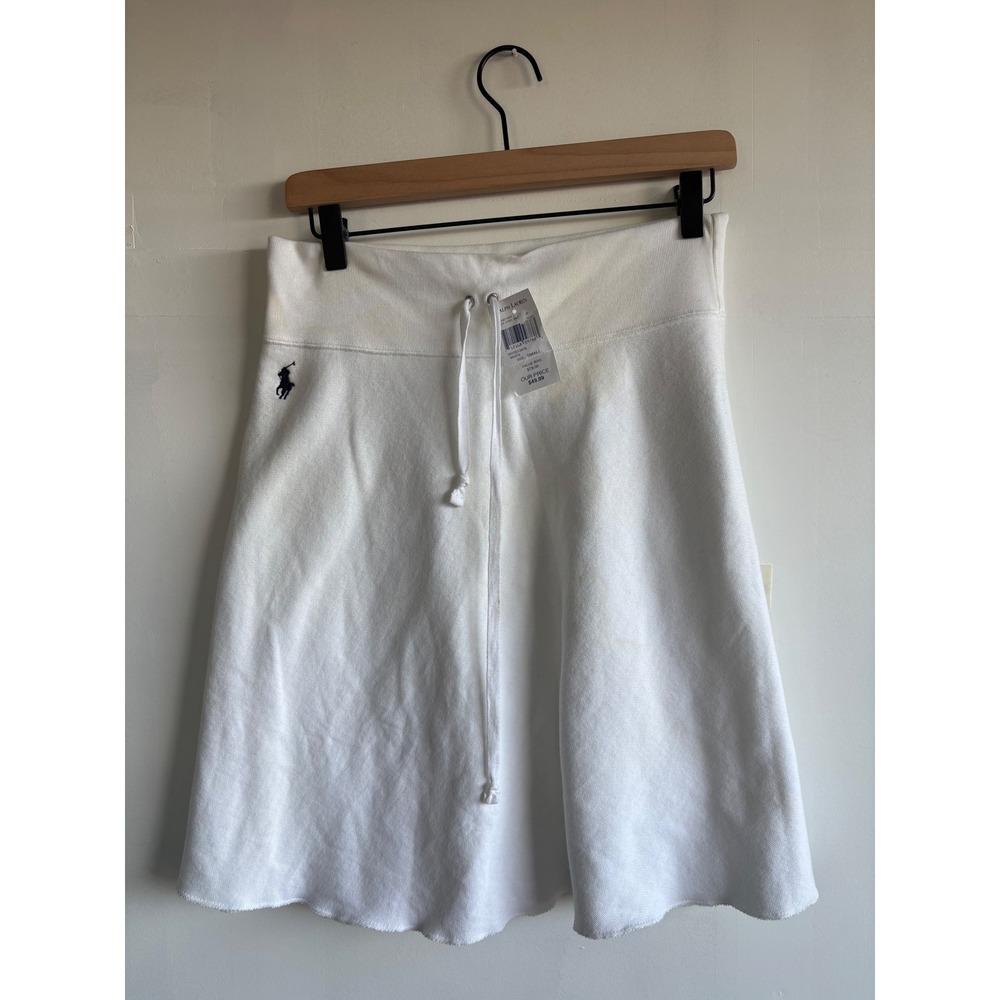Ralph Lauren White Fleece Drawstring Mini Skirt Pony Logo S. NWT. Preppy.Sporty